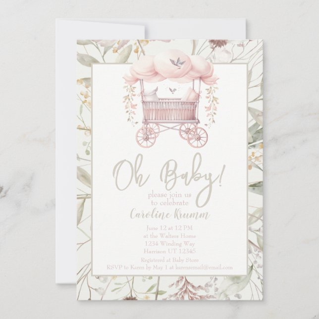 Boho Watercolor Flowers Bassinet Baby Shower Invitation (Front)