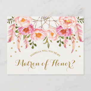 Boho Watercolor Flowers Be My Matron of Honour Car Postcard