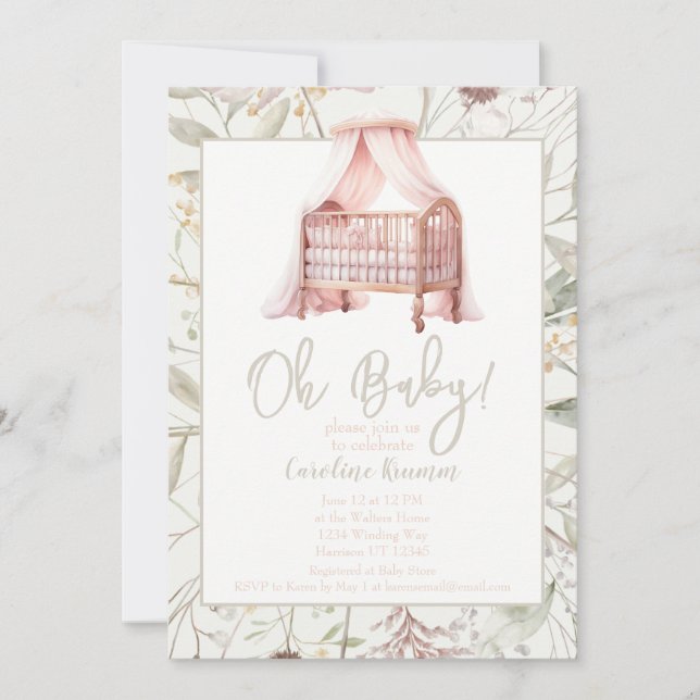 Boho Watercolor Flowers Cradle Baby Shower Invitation (Front)