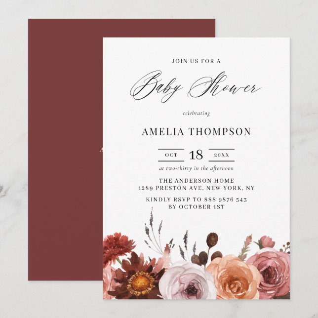 Boho Watercolor Flowers Garland Fall Baby Shower Invitation (Front/Back)