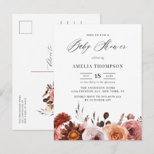 Boho Watercolor Flowers Garland Fall Baby Shower Invitation Postcard