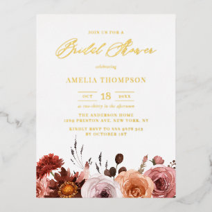 Boho Watercolor Flowers Garland Fall Bridal Shower Foil Invitation Postcard