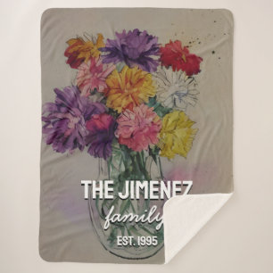 Boho Watercolor Flowers in Vase Custom Family Name Sherpa Blanket