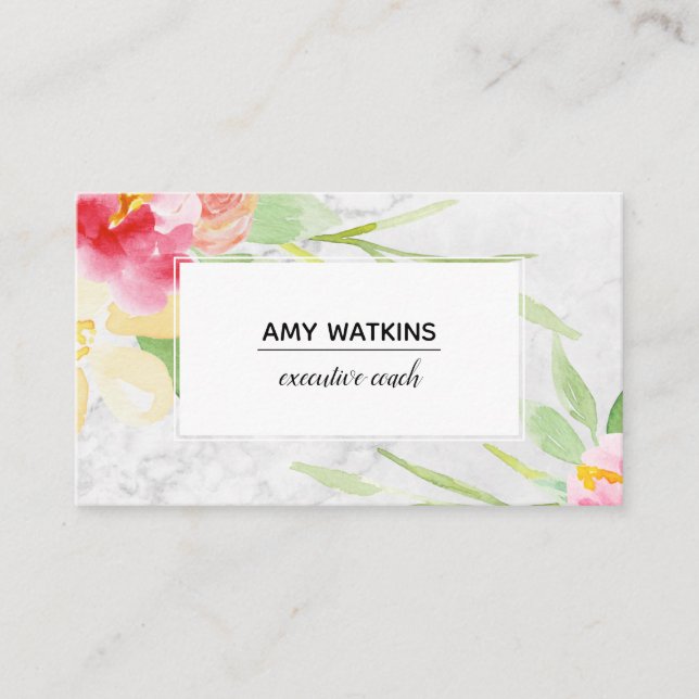 Boho Watercolor Flowers on Grey Marble Business Card (Front)
