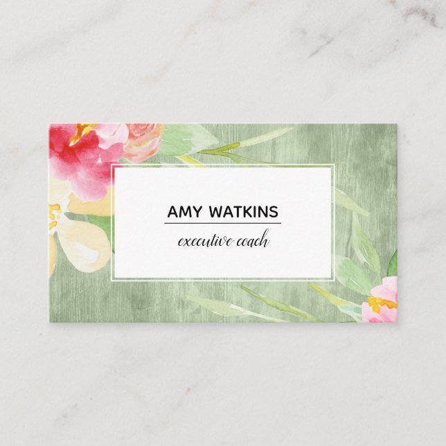 Boho Watercolor Flowers over Rustic Green Wood Business Card (Front)