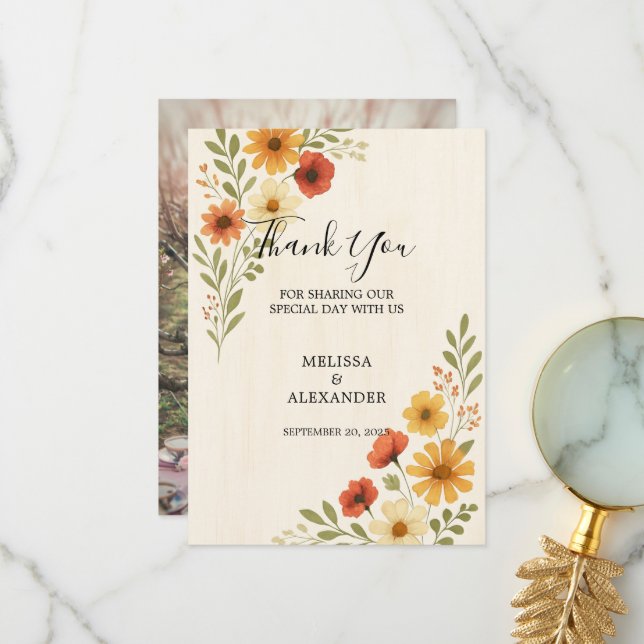 Boho watercolor flowers photo wedding  thank you card (Front/Back In Situ)