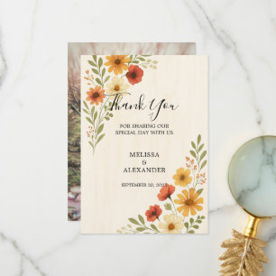 Boho watercolor flowers photo wedding  thank you card