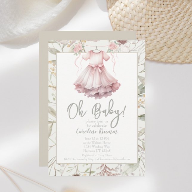 Boho Watercolor Flowers Pink Dress Baby Shower Invitation (Creator Uploaded)
