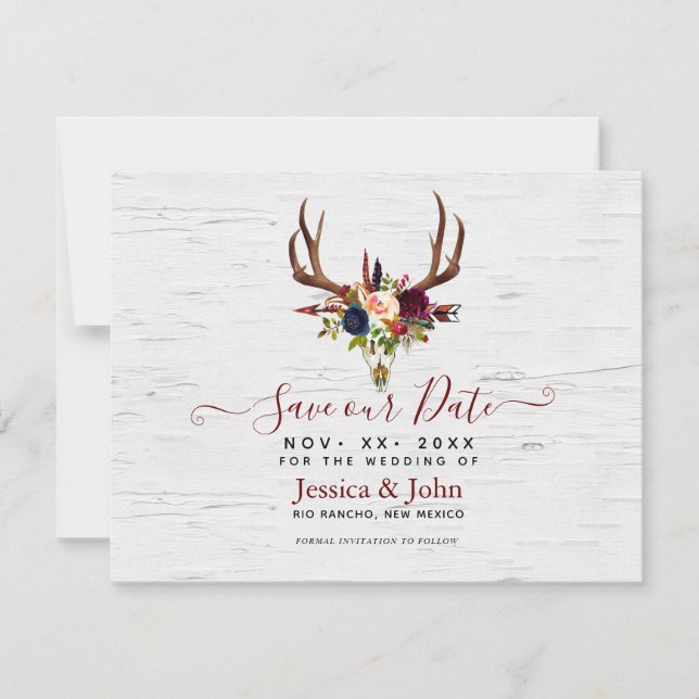Boho Watercolor Flowers Skull Arrow Save our Date Invitation (Front)