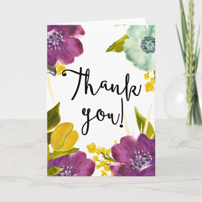 Boho Watercolor Flowers Thank You Card (Front)