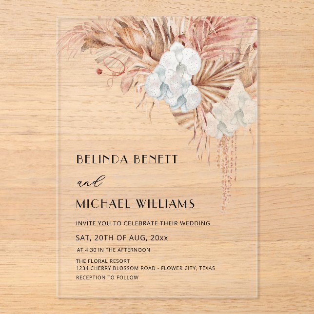 Boho Watercolor Flowers Wedding Acrylic Invitations (Front)