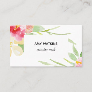 Boho Watercolor Flowers White on White Business Card