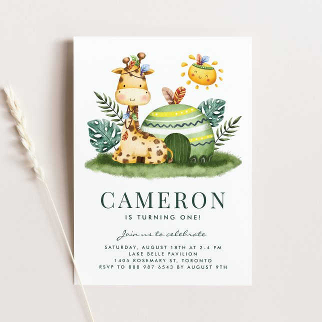 Boho Watercolor Giraffe Tribal First Birthday Invitation (Creator Uploaded)