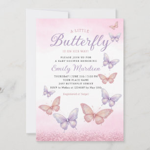 Boho Watercolor Glitter Butterfly Girl Baby Shower Invitation