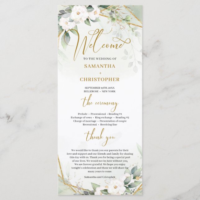 Boho watercolor gold frame greenery and white rose programme (Front)