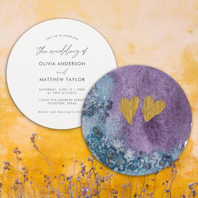  Boho Watercolor Gold Hearts Simple Unique Wedding Invitation (Front/Back)