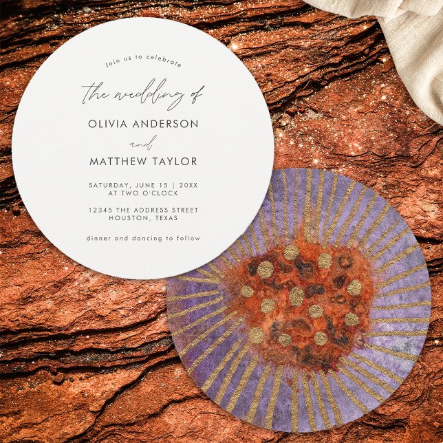  Boho Watercolor Gold Purple Simple Unique Wedding Invitation (Front/Back)