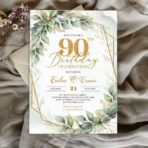 Boho watercolor green eucalyptus 90th birthday invitation