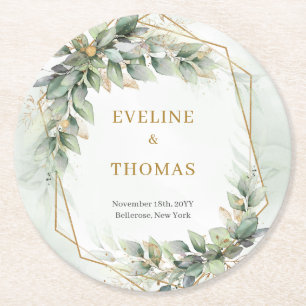 Boho watercolor green eucalyptus and gold wedding round paper coaster