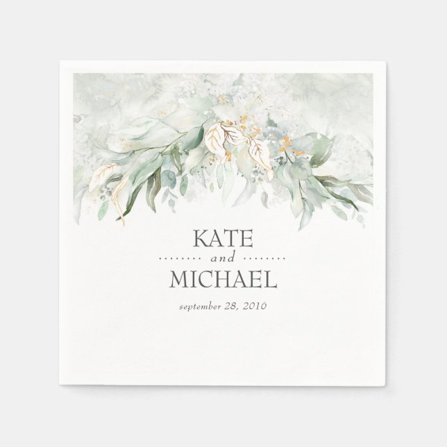Boho Watercolor Greenery and Gold Leaves Napkin (Front)