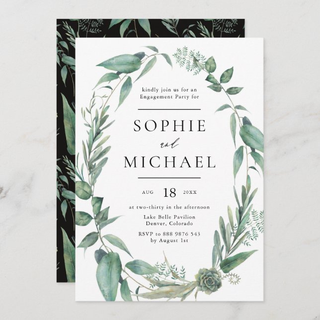Boho Watercolor Greenery and Succulents Engagement Invitation (Front/Back)