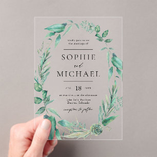 Boho Watercolor Greenery and Succulents Wedding Acrylic Invitations