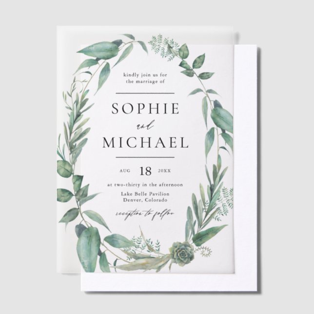 Boho Watercolor Greenery and Succulents Wedding Vellum Invitations (Offset)