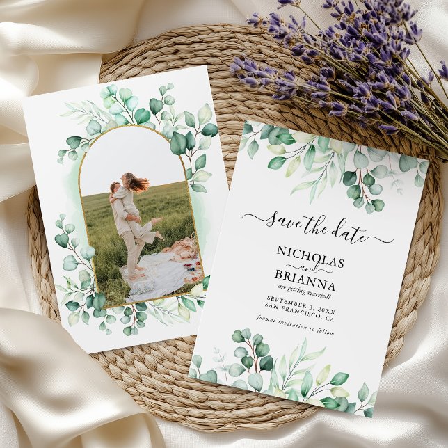 Boho Watercolor Greenery Eucalyptus Photo Arch Save The Date (Creator Uploaded)