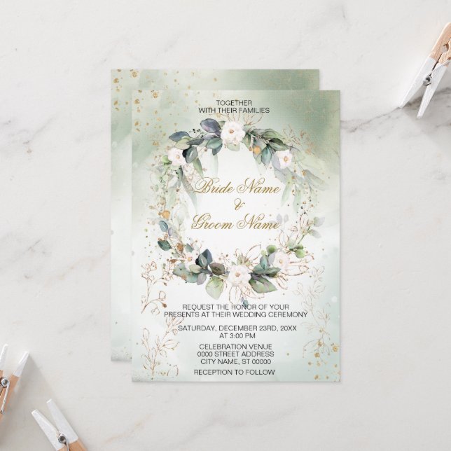 Boho Watercolor Greenery Floral Modern Wedding Invitation (Front/Back In Situ)