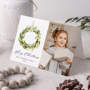 Boho Watercolor Greenery Wreath 2 Photo Holiday Card