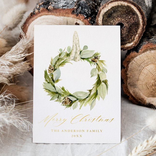 Boho Watercolor Greenery Wreath Foil Holiday Card (Creator Uploaded)