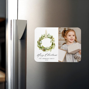 Boho Watercolor Greenery Wreath Holiday Photo Magnet