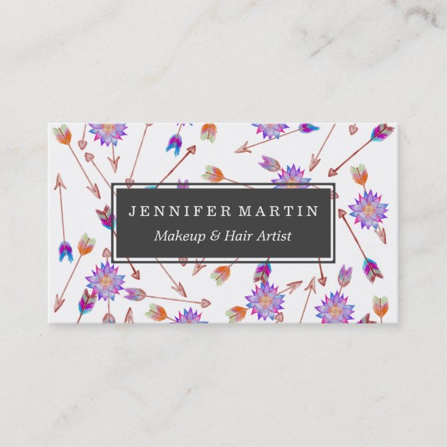 Boho Watercolor Hand Painted Flower and Arrows Business Card (Front)