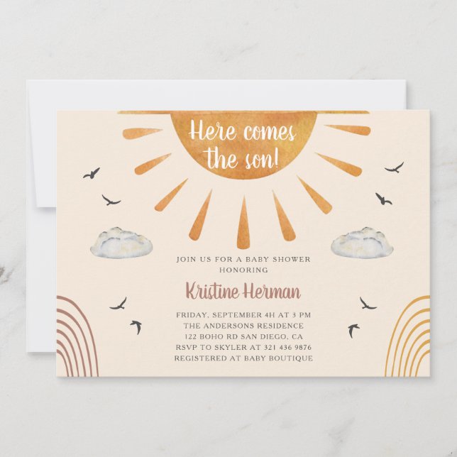 Boho Watercolor Here Comes the Son Baby Shower Invitation (Front)