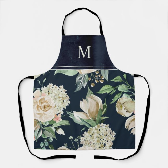 Boho Watercolor Ivory Floral Monogrammed Apron (Front)