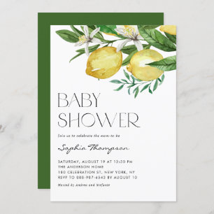 Boho Watercolor Lemon and Blooms Baby Shower Invitation