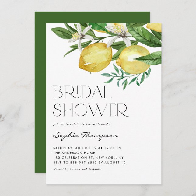 Boho Watercolor Lemon and Blooms Bridal Shower Invitation (Front/Back)