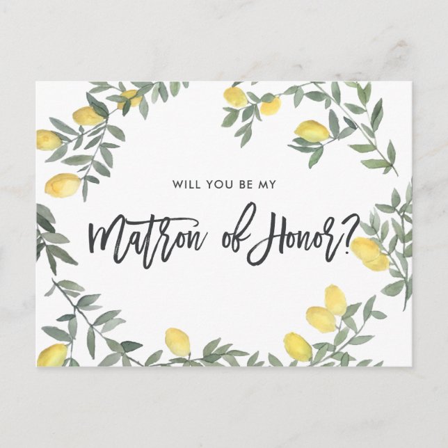 Boho Watercolor Lemon Be My Matron of Honour Card (Front)