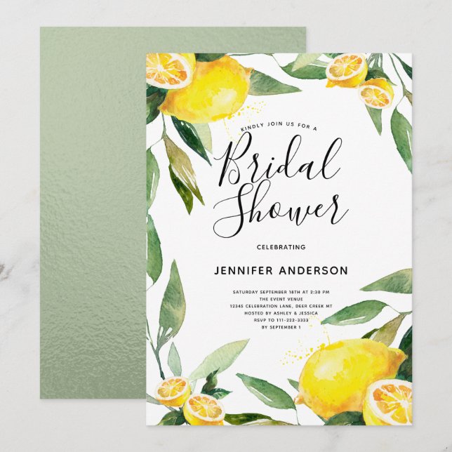 Boho Watercolor Lemon Bridal Shower Invitation (Front/Back)