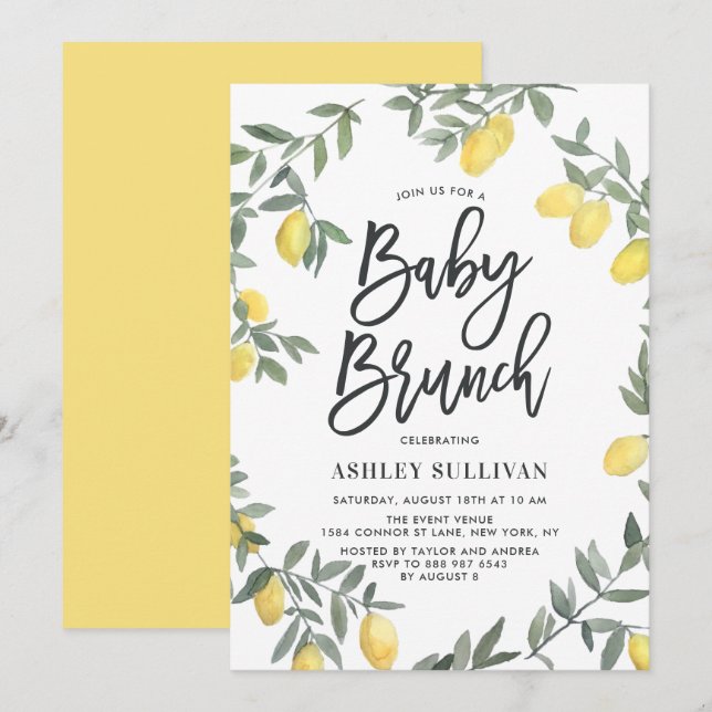 Boho Watercolor Lemon Wreath Baby Shower Brunch Invitation (Front/Back)