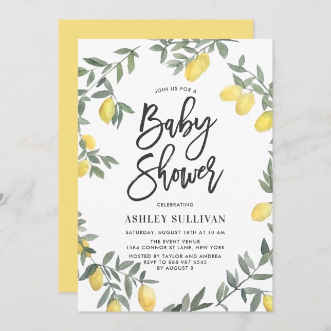 Boho Watercolor Lemon Wreath Baby Shower Invitation (Front/Back)