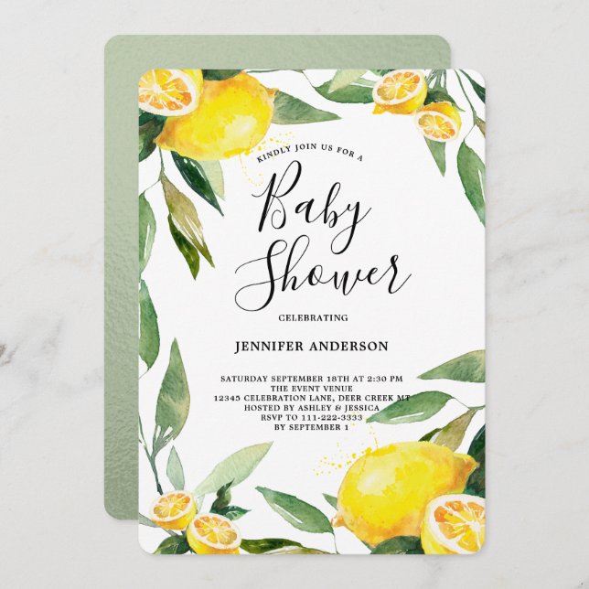 Boho Watercolor Lemon Wreath Baby Shower Invitation (Front/Back)