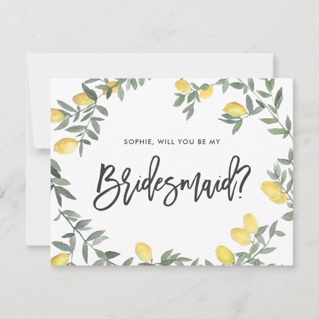 Boho Watercolor Lemon Wreath Be My Bridesmaid Card (Front)