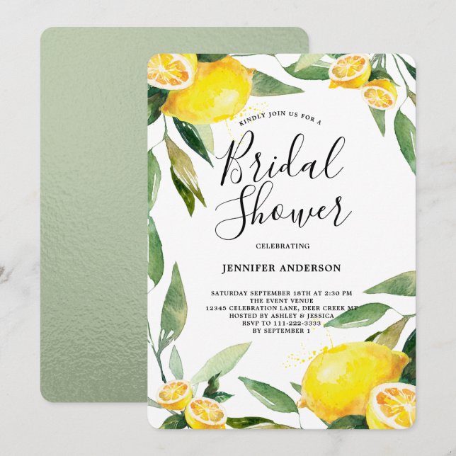 Boho Watercolor Lemon Wreath Bridal Shower Invitation (Front/Back)