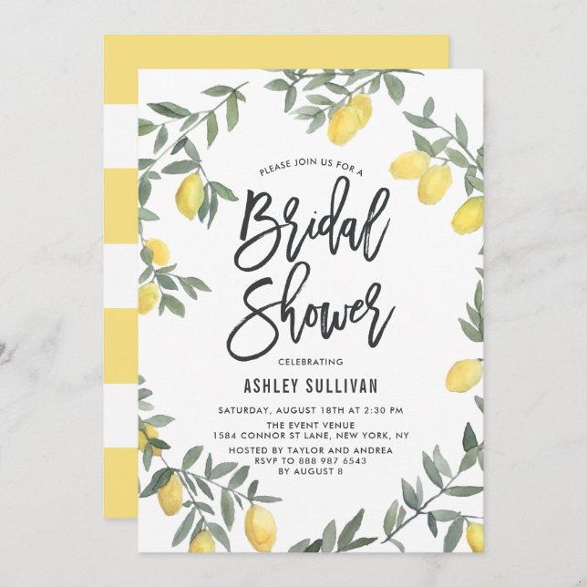 Boho Watercolor Lemon Wreath Bridal Shower Invitation (Front/Back)
