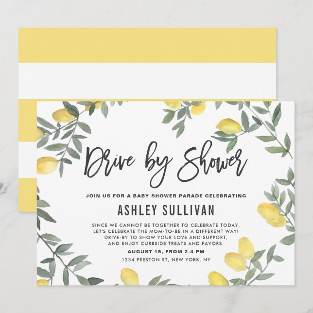 Boho Watercolor Lemon Wreath Drive By Baby Shower Invitation (Front/Back)