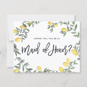 Boho Watercolor Lemon Wreath Maid of Honour Card