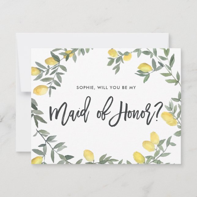 Boho Watercolor Lemon Wreath Maid of Honour Card (Front)