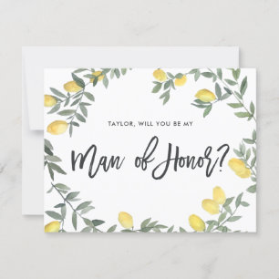 Boho Watercolor Lemon Wreath Man of Honour Card