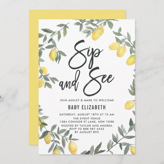 Boho Watercolor Lemon Wreath Sip and See Invitation (Front/Back)